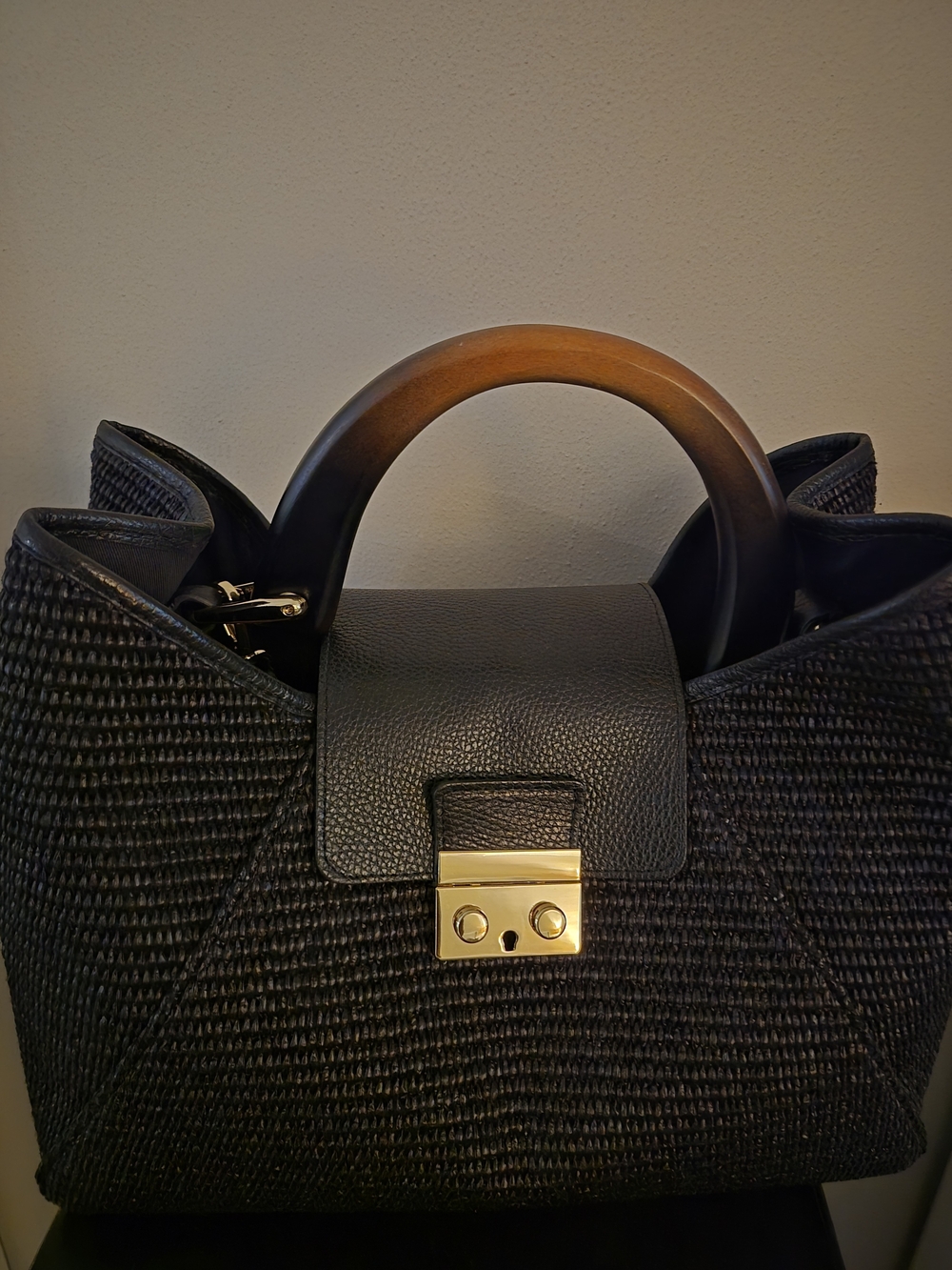 Black Woven Satchel with Tortoiseshell-Style Handles